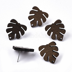 Accessoires de boucles d'oreilles en bois de noyer à thème tropical, avec épingle en 304 acier inoxydable, feuille de monstera, brun coco, 20x18mm, Trou: 1.8mm, pin: 0.7 mm