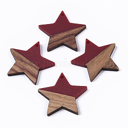 Pendenti in resina e legno, stella, rosso scuro, 26x28x4mm, Foro: 1.6 mm