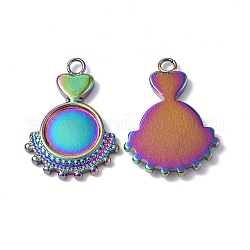 Ion Plating(IP)  304 Stainless Steel Pendant Cabochon Settings, Flat Round with Heart Charm, Rainbow Color, Round Tray: 8mm, 20x14x2mm, Hole: 1.8mm