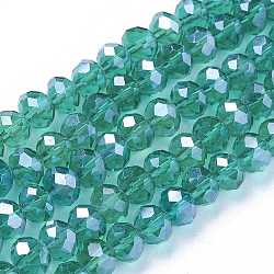 Glass Beads Strands, Pearl Luster Plated, Crystal Suncatcher, Faceted Rondelle, Dark Green, 8x6mm, Hole: 1mm, about 68~70pcs/strand, 15 inch