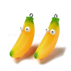 Pendenti di frutta in resina opaca cartoon, divertenti ciondoli a forma di banana con occhi e anelli in ferro placcato platino, oro, 42x11.5x17.5mm, Foro: 2 mm
