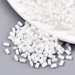 2-Hole Glass Seed Beads, Opaque Colours Rainbow, Rectangle, White, 4.5~5.5x2x2~2.5mm, Hole: 0.5~0.8mm, about 250pcs/10g
