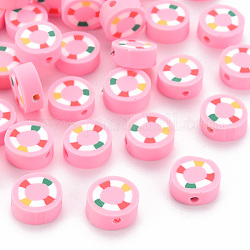 Abalorios de arcilla polimérica hechos a mano, redondo plano con anillo de natación, rosa perla, 10x4mm, agujero: 1.6 mm