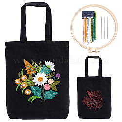 Diy цветочный узор большая сумка вышивка набор для изготовления, включая иглы для вышивания и нитки, сумка из хлопчатобумажной ткани, пластиковая вышивальная рама, чёрные, 615 мм