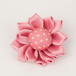 Handmade Ribbon Flower Safety Brooches, with Iron Round Basic Brooch Pins, Pink, 38mm