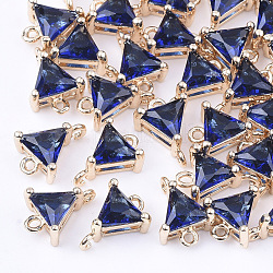 Transparent Glass Links connectors, with Brass Findings, Faceted, Triangle, Light Gold, Medium Blue, 11x8x5mm, Hole: 1mm