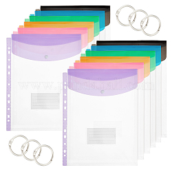 Ahademaker 18 шт. 6 цвета A4 утолщенный пластиковый карман для хранения канцелярских принадлежностей, мешочек-конверт для файлов, с кнопкой-защелкой и каталожной карточкой, прямоугольные, с 6 шт. железным переплетом для книг с вкладными листами навесными кольцами, разноцветные, карман: 321x236x7.5 мм, шарнирные кольца: 31x2.5 мм