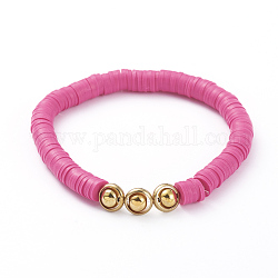 (Schmuckpartys im Fabrikverkauf)Stretcharmbänder, mit Polymer Clay heishi Perlen, Messingperlenrahmen und vergoldete Legierungsperlen, tief rosa, 2 Zoll (5.1 cm)