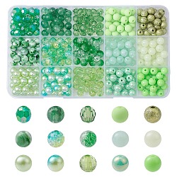 Perline acriliche 375 pz 15 stili, tondo, verde chiaro, 7.5~8mm, Foro: 1.5~2 mm, 25pcs / style