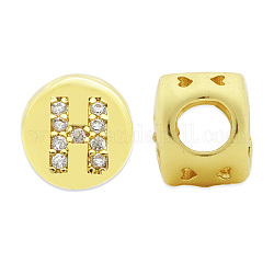Brass Micro Pave Clear Cubic Zirconia Beads, Flat Round with Letter, Letter.H, 7.5x6.5mm, Hole: 3.5mm, 3pcs/bag