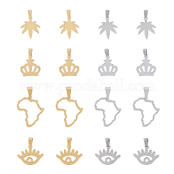 Dicosmetic 16 pieza 4 estilos 2 colores colgantes de mapa de África amuletos de ojo hueco encantadores amuletos de corona amuletos en forma de hoja con cierre de clip amuletos de acero inoxidable para hacer joyas diy