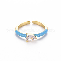 Anillos de brazalete de latón esmaltado, anillos abiertos, anillos de solitario, con un claro zirconia cúbico, sin níquel, lágrima, dorado, azul dodger, nosotros tamaño 7 (17.3 mm)