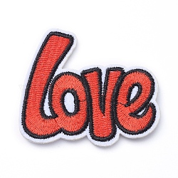 Tela de bordado computarizada para planchar / coser parches, accesorios de vestuario, apliques, la palabra amor, rojo, 50x59x2mm
