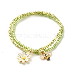 2 Stück Glasperlen-Stretcharmbänder, Legierungs-Emaille-Bienen- und Blumen-Armband für Frauen, grün gelb, Innendurchmesser: 2-1/8~2-1/4 Zoll (5.5~5.6 cm), 1pc / style