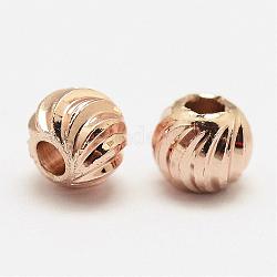 Perles ondulées en laiton, ronde, Sans cadmium & sans nickel & sans plomb, Véritable plaqué or rose, 4x3.2mm, Trou: 1.8mm