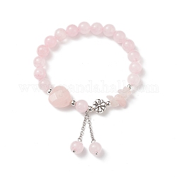 Bracelet extensible en perles de quartz rose naturel rond & coeur & chips, bracelet réglable de perles de fleur d'alliage avec des breloques de gland pour des femmes, diamètre intérieur: 2 pouce (5.1 cm)