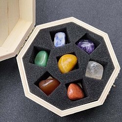7 Chakra Natural Mixed Stone Crystal Ball with Octagon Wooden Box, Reiki Energy Stone Display Decorations for Healing, Meditation, Witchcraft, Nuggets, Box: 110x50mm, Gemstone: 20~40mm, 7pcs/box