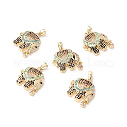 Brass Micro Pave Colorful Cubic Zirconia Pendants, Long-Lasting Plated, Lead Free & Cadmium Free & Nickel Free, Elephant, Real 18K Gold Plated, 19x17.5x4.5mm, Hole: 2.5x4mm