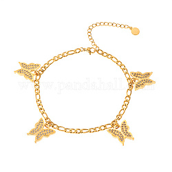 Glass Butterfly Charm Anklet with Stainless Steel Figaro Chains, Golden, 8-1/2 inch(21.5cm)