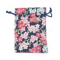 Pochettes en toile de jute, sacs à cordonnet, rectangle avec motif de fleurs, bleu foncé, 14.2~14.7x10~10.3 cm