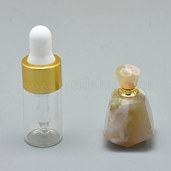 Colgantes de botellas de perfume que se pueden abrir con ágata de flor de cerezo natural facetada, Con Fornituras de latón y botellas de aceite esencial de vidrio, 33~37x18~22mm, agujero: 0.8 mm, capacidad de la botella de vidrio: 3 ml (0.101 fl. oz), capacidad de piedras preciosas: 1 ml (0.03 onzas líquidas)