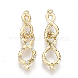 Brass Peg Bails Links, with Clear Cubic Zirconia, For Half Drilled Beads, Nickel Free, Double Double Infinity, Real 18K Gold Plated, 24.5x7x3mm, Hole: 0.8mm, Pin: 0.5mm