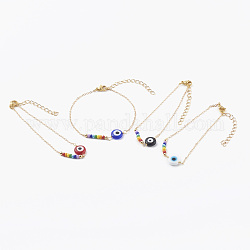 Böser auge Bunte Malerei perlenarmbänder, mit runden Glasperlen und Messingkabelketten, golden, Mischfarbe, 7-1/4 Zoll (18.5 cm)