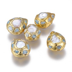 Culture des perles perles d'eau douce naturelles, Avec larimar naturel, bord en laiton doré, larme, or, 27~35x21~28x13~17mm, Trou: 1~1.5mm
