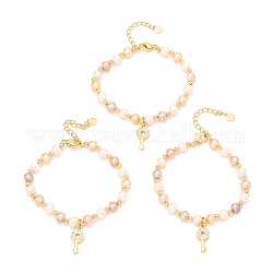Brass Micro Pave Cubic Zirconia Key Charms Bracelets, Real 18K Gold Plated, with Natural Pearl, Long-Lasting Plated, Mixed Color, 6-1/2x1/8 inch(16.5x0.3~6cm)