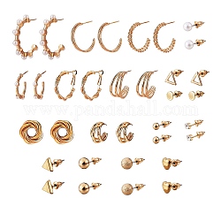 17 paires 17 boucles d'oreilles style anneau & triangle & rond & coeur avec perle en résine, boucles d'oreilles demi-créoles ouvertes avec strass pour femme, or, 3~36x3~23.5mm, pin: 0.8~0.9 mm, 1 paire / style