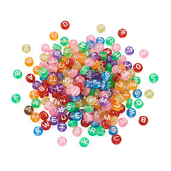 Perles en acrylique transparente, plat rond avec lettre blanche a ~ z, couleur mixte, 7x4mm, Trou: 1.5mm, 1500 pcs /sachet 