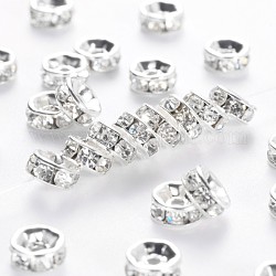 Abalorios de latón Diamante de imitación espaciador, Grado A, brida recta, color plateado, rerondana plana, cristal, 6x3mm, agujero: 1 mm