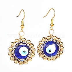 Böse Augen flache runde Bunte Malerei-Ohrringe für Mädchen und Frauen, Wire Wrap Ohrring aus Messing, golden, Blau, 45 mm, Stift: 0.6 mm