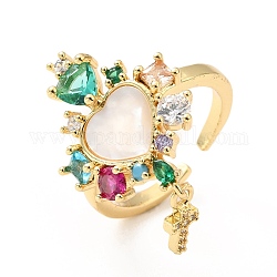 Corazón de rhinestone de colores con anillo de puño abierto con dije de cruz, joyas de latón para mujer, sin plomo y cadmio, real 18k chapado en oro, nosotros tamaño 6 1/2 (16.9 mm)
