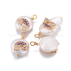 Pendentifs de perles d'eau douce de culture naturelle, avec accessoires zircon cubique micro pave en laiton, pépites avec arc-en-ciel, or, colorées, 17~26x11~16x5~11mm, Trou: 1.6~2mm