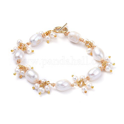 Natural Keshi Pearl Bracelets, with Copper Wire, 304 Stainless Steel Toggle Clasps and Cardboard Boxes, Golden, White, 7-7/8 inch(20cm)