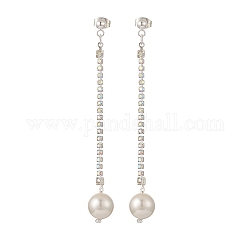 Brass Rhinstone Strass Chains Dangle Stud Earrings, with Round Shell Pearl Beads, 304 Stainless Steel Jewelry for Women, Platinum, 80mm, Pin: 0.8mm
