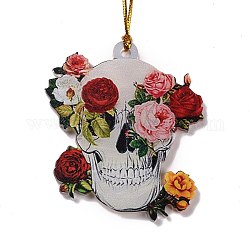 Grandes colgantes de acrílico opaco impreso por una cara, para halloween, cráneo con flor, rojo, 500x2mm