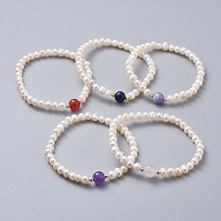 Stretch Grade A Natural Freshwater Pearl Bracelets, with Natural Gemstone Beads and Brass Beads, 2 inch(5.1cm)