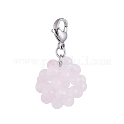 Natural Rose Quartz Cluster Beads Pendants, with 304 Stainless Steel Lobster Claw Clasps, Round, Stainless Steel Color, 33mm