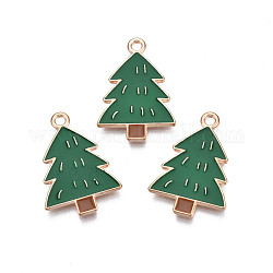 Colgantes de esmalte de aleación de estilo navideño, sin plomo y cadmio, la luz de oro, árbol de Navidad, verde, 23x16x1.5mm, agujero: 1.6 mm