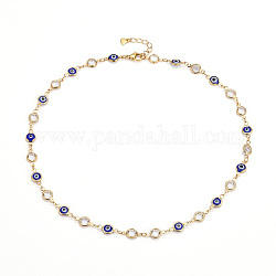 Messing Gliederkette Halsketten, mit Glas & Zirkonia & 304 Edelstahl Karabinerverschluss, bösen Blick, Blau, golden, 17.32 Zoll (44 cm)