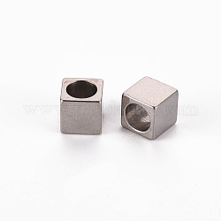 303 perline europei in acciaio inox, perline con foro grande, cubo, colore acciaio inossidabile, 7x7x7mm, Foro: 5 mm
