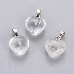 Pendentifs de cristal de quartz naturel, pendentifs en cristal de roche, avec les accessoires en laiton de tonalité de platine, cœur, 18x15x10mm, Trou: 5x7mm