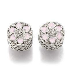 Legierung Strass Perlen, mit Emaille, hohl, Großloch perlen, flach rund mit Blume, Platin Farbe, 12x11.5x11.5 mm, Bohrung: 5.5 mm