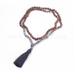 108 Mala Beads, Natural Labradorite and Wood Beads Two Tiered Necklaces, Layered Necklaces, with 304 Stainless Steel Heart Pendants, Polyester Tassels and Burlap Packing, 40.9 inch(104cm)