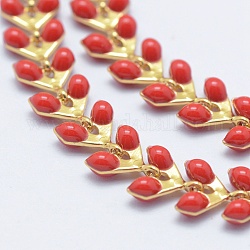 Brass Handmade Chains, Unwelded, with Enameled Cobs, Long-Lasting Plated, Leaf, Real 18K Gold Plated, Red, 6.5x6x0.5mm