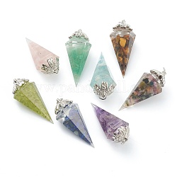 Resin Pointed Pendants, with Natural Mixed Gemstone Inside and Platinum Brass Findings, Faceted, Cone/Spike/Pendulum, 43.5x17x19.5mm, Jump Ring: 6x1mm, 4mm Inner Diameter