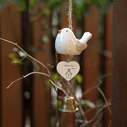 Ceramic Birds & Metal Bell & Wooden Heart Hanging Wind Chime Decor, for Home Hanging Ornaments, White, 250mm
