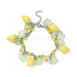 Bracelet à breloques en résine et acrylique citron & feuille & fleur, 304 bijoux en acier inoxydable pour femme, jaune vert, 7-1/2 pouce (19 cm)